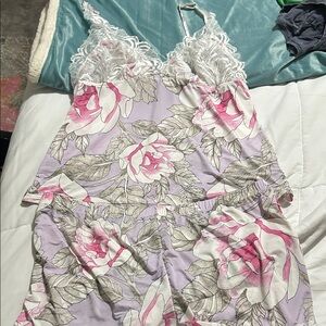 Floral Lace Trim Chemise in Pink and White